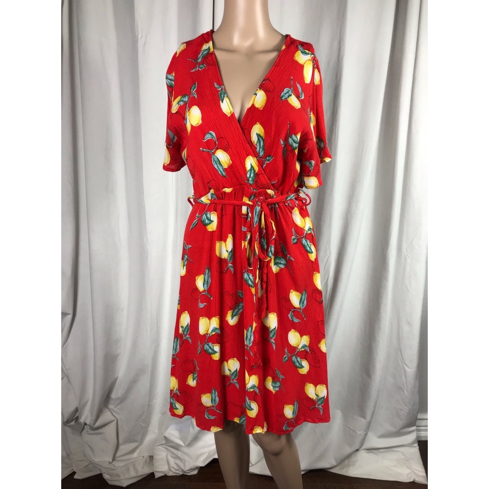Short Sleeve Red Skater Dress with Yellow Lemons